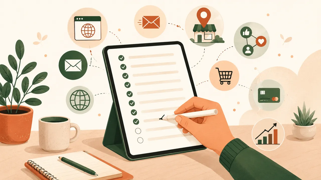 Mano completando checklist digital en tablet sobre escritorio, rodeada de íconos de dominio, correo, Google Business y Webpay en estilo editorial cálido