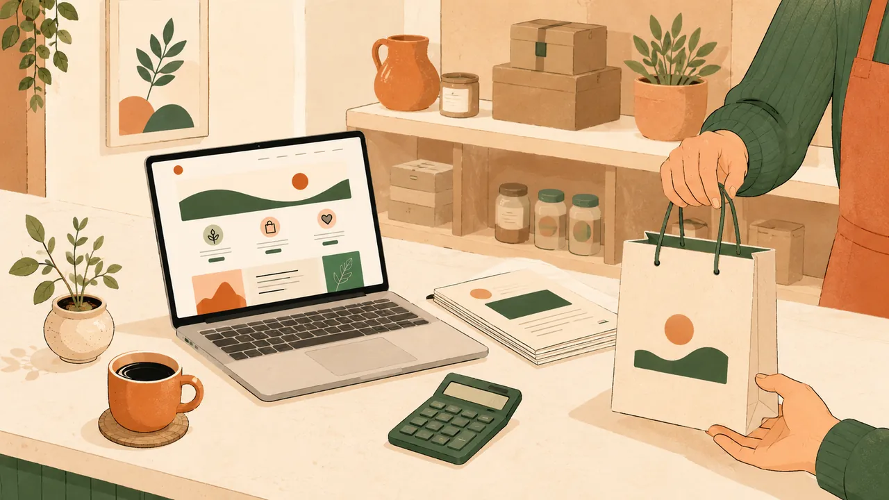 Mostrador de negocio con laptop, documentos y café, representando una página web para PyME