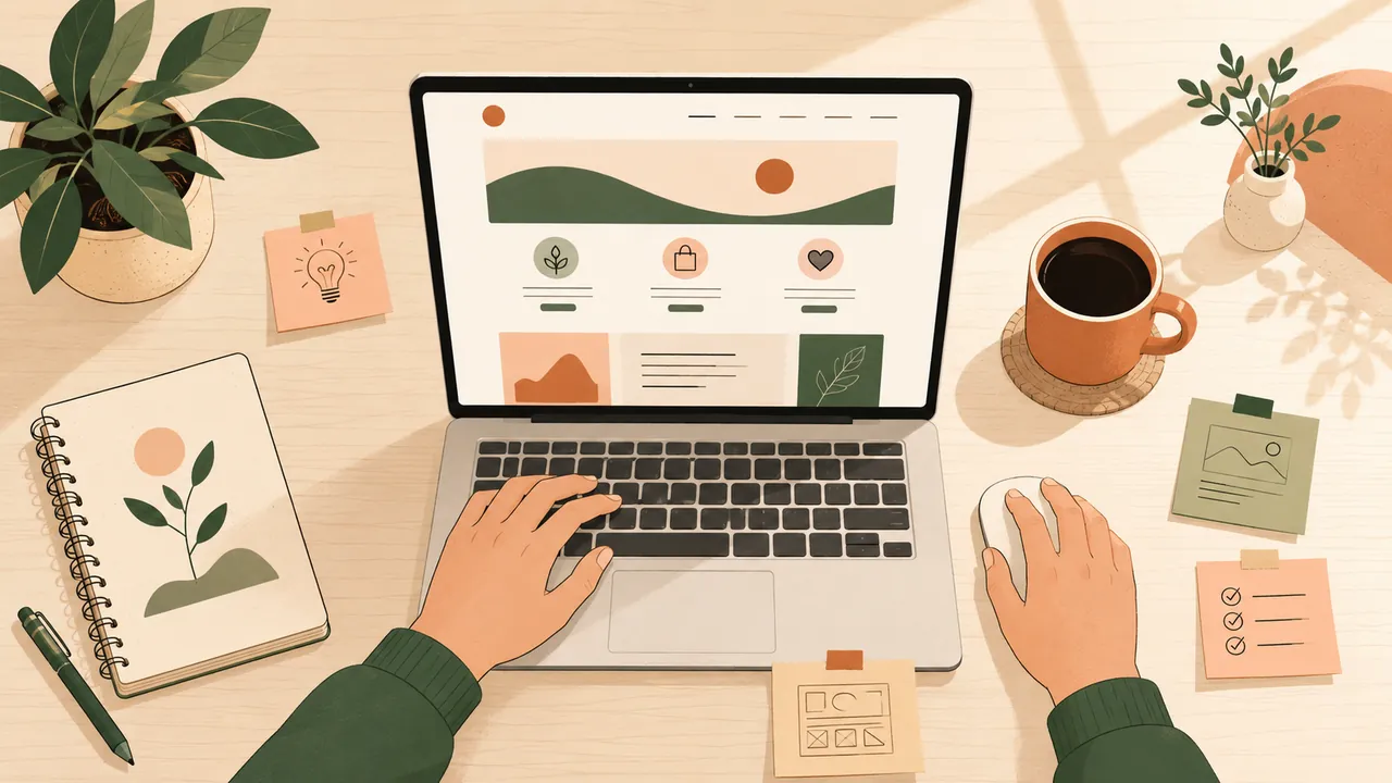 Escritorio con computador, notas y café mostrando una página web simple en construcción, con luz cálida natural