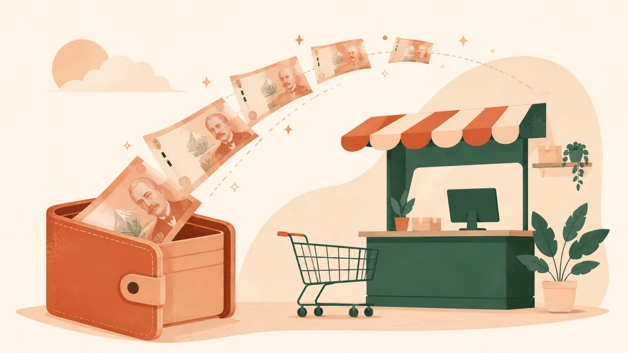 Cartera con dinero y símbolo de tienda online, representando inversión en comercio electrónico en Chile