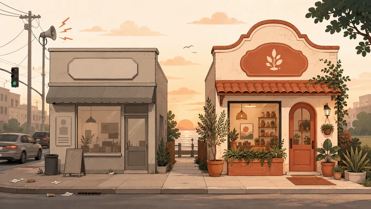 Dos locales comerciales ilustrados: uno genérico de Google Sites vs otro profesional con página propia, mostrando diferencia de credibilidad y marca