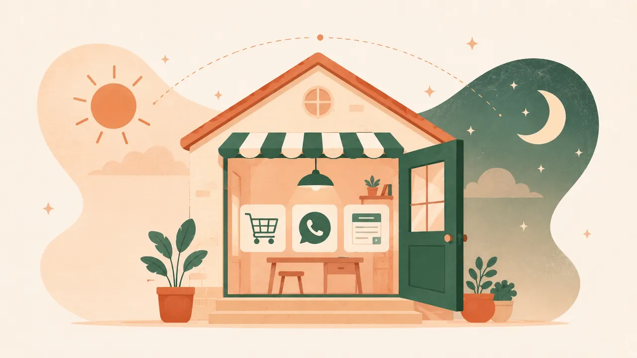 Casa o tienda digital abierta 24 horas con símbolos de contacto y venta, metáfora de presencia en línea