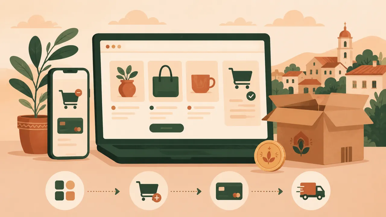 Celular con carrito de compras online, caja de envío y moneda, representa venta online en Chile