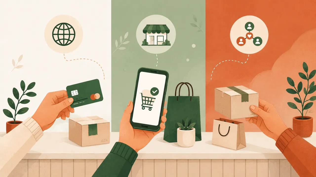Mostrador con productos y manos completando una compra en línea con celular y tarjeta, fondo en tres tonos terracota, verde y crema
