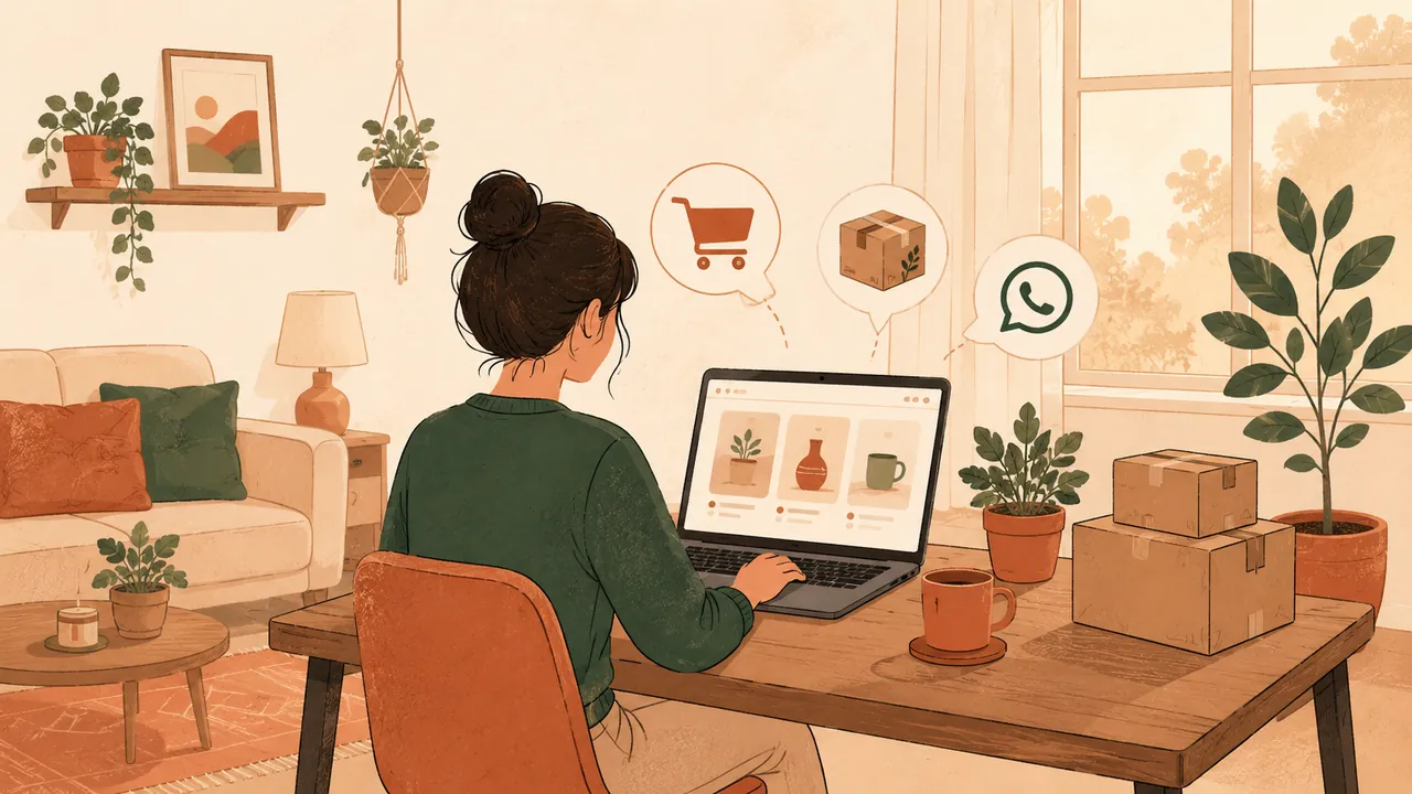 Emprendedor trabajando desde casa con laptop, carrito de compra y símbolos de envío: vender online sin local físico en Chile