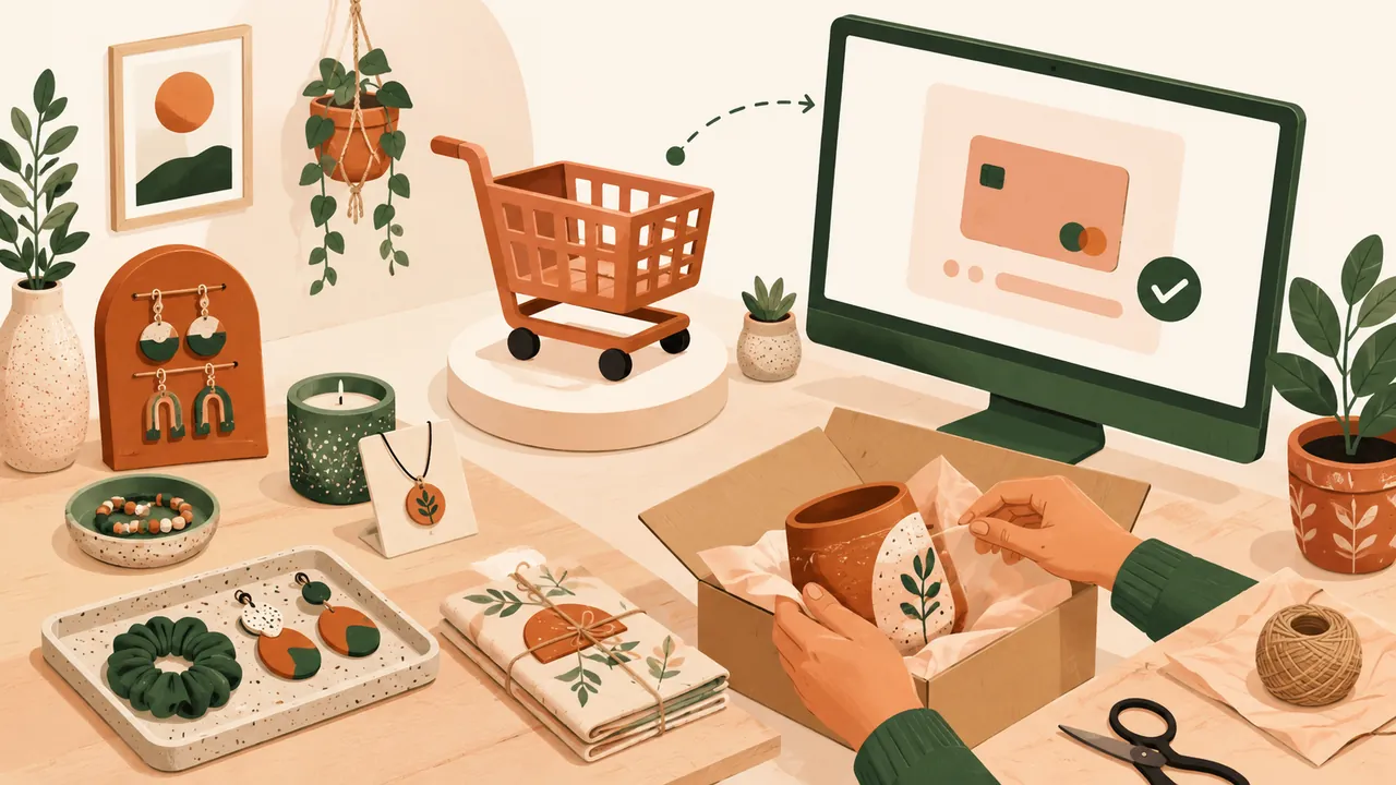 Mostrador con productos diversos, carrito de compras, manos embalando y computador con símbolo de pago