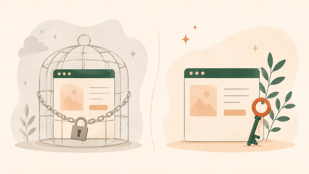 Comparativa visual: sitio web atrapado vs sitio web libre, representando gratis vs dominio propio