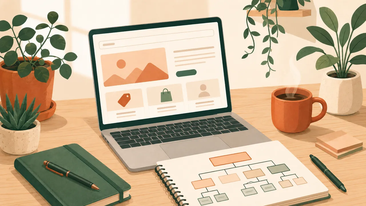 Escritorio con laptop abierta, café y plantas verdes, metáfora de la web como herramienta del negocio PyME chileno