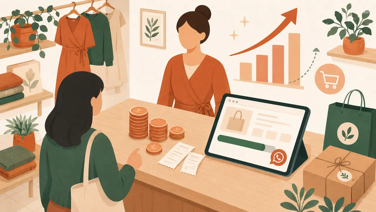 Escena de tienda con flujo de ventas, monedas, tablet y botón WhatsApp, web que convierte en Chile