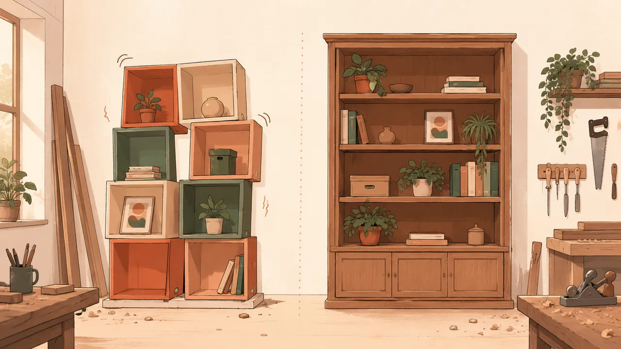 Estantería modular prefabricada versus mueble artesanal personalizado: símil visual de Wix versus página profesional a medida