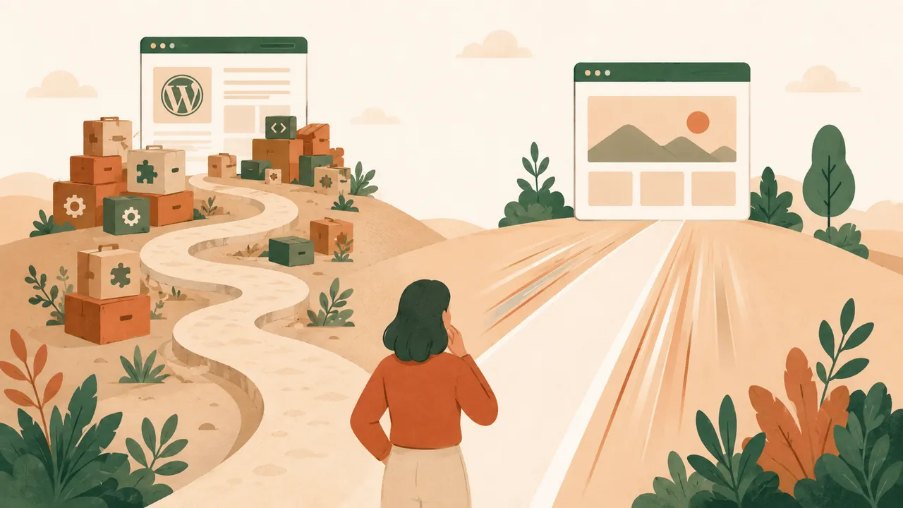 Dos caminos divergentes: uno complejo con muchos complementos, otro limpio y rápido, metáfora de WordPress vs sitio moderno